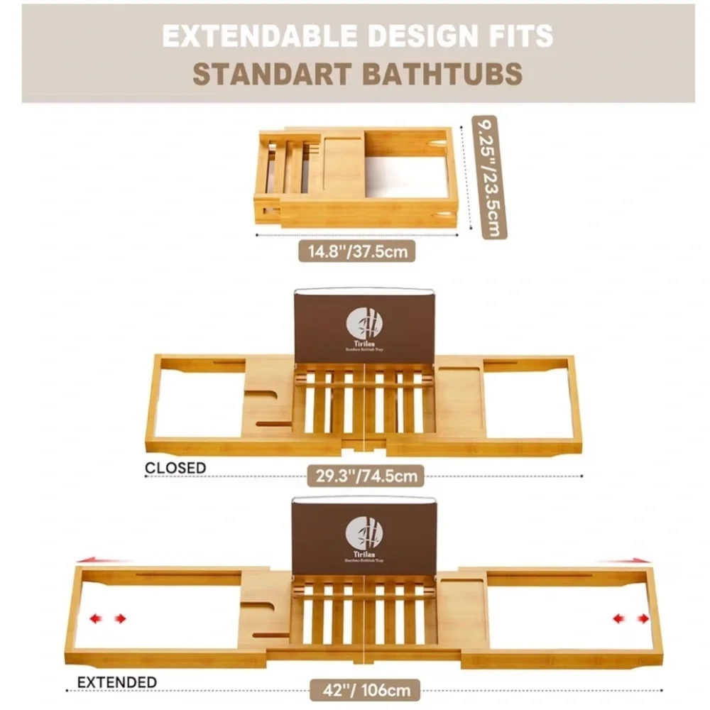 Bamboo Bath Caddy Tray Black NEW expandable great gift